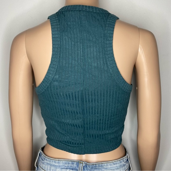 NWT Forever 21 Solid Teal High Neck Raceback Ribbed Sleeveless Cropped Tank Top - Picture 4 of 7